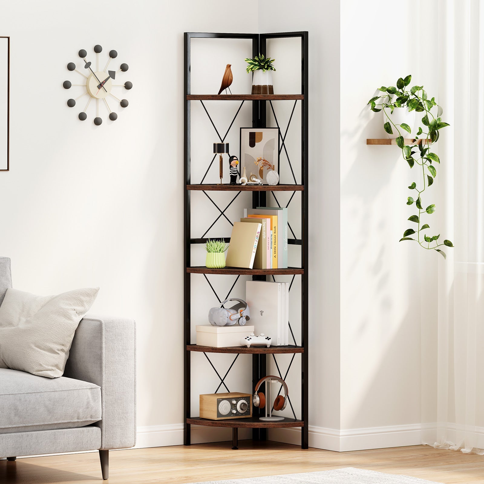 5-Tier Freestanding Corner Shelf 63 Inch Tall Storage Rack-Rustic Brown