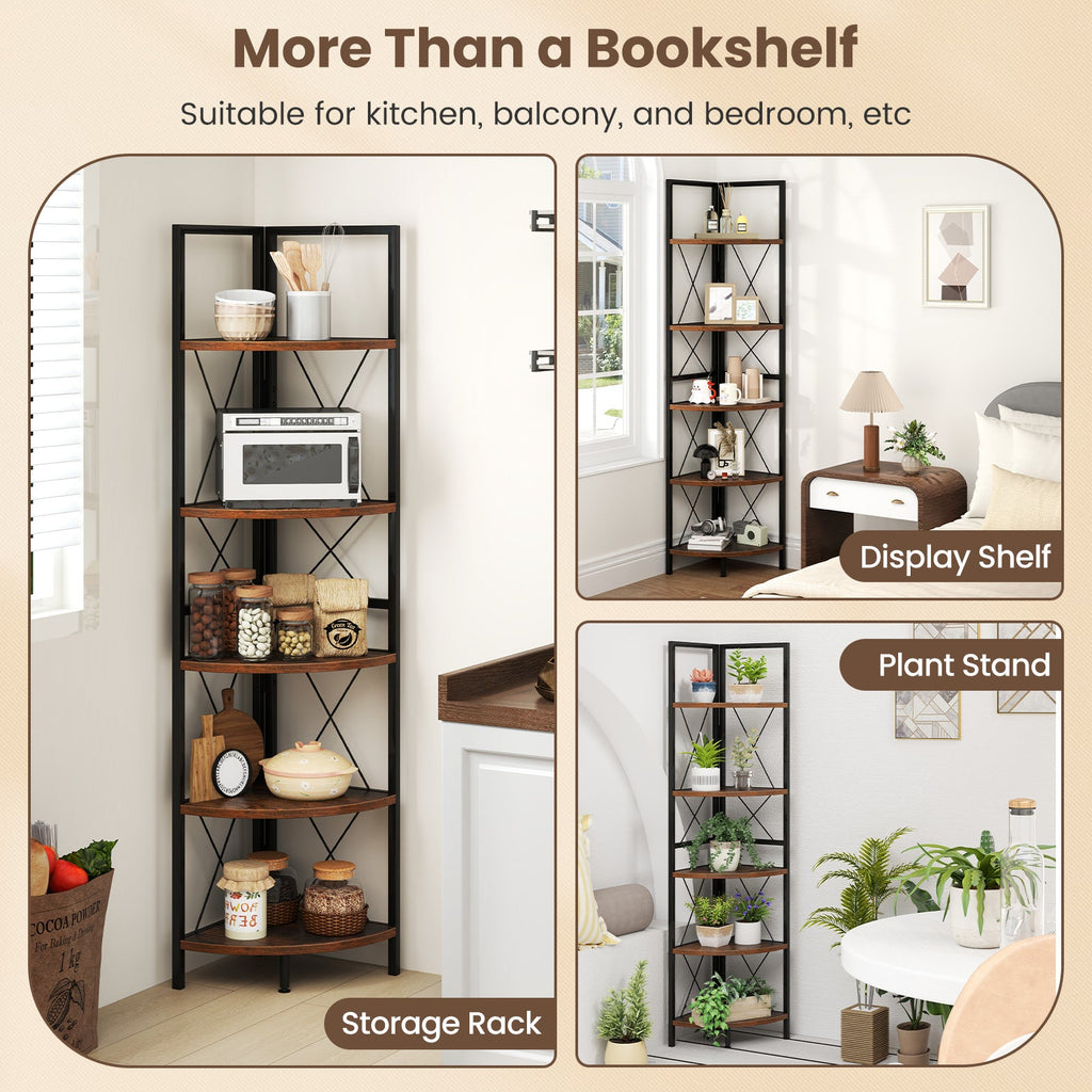 5-Tier Freestanding Corner Shelf 63 Inch Tall Storage Rack-Rustic Brown