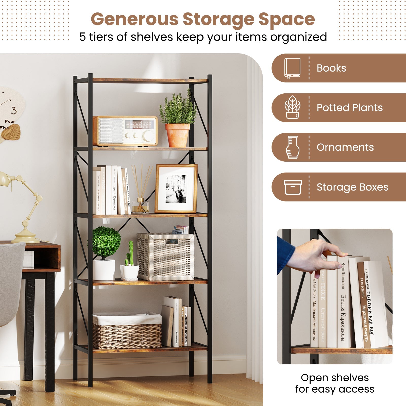 5-Tier Bookshelf with Open Shelves and Heavy Duty Metal Frame-Rustic Brown