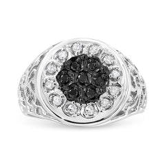 .925 Sterling Silver 1/4 Cttw White and Black Treated Diamond Halo Cluster Ring for Men (I-J Color, I3 Clarity) - Size 10