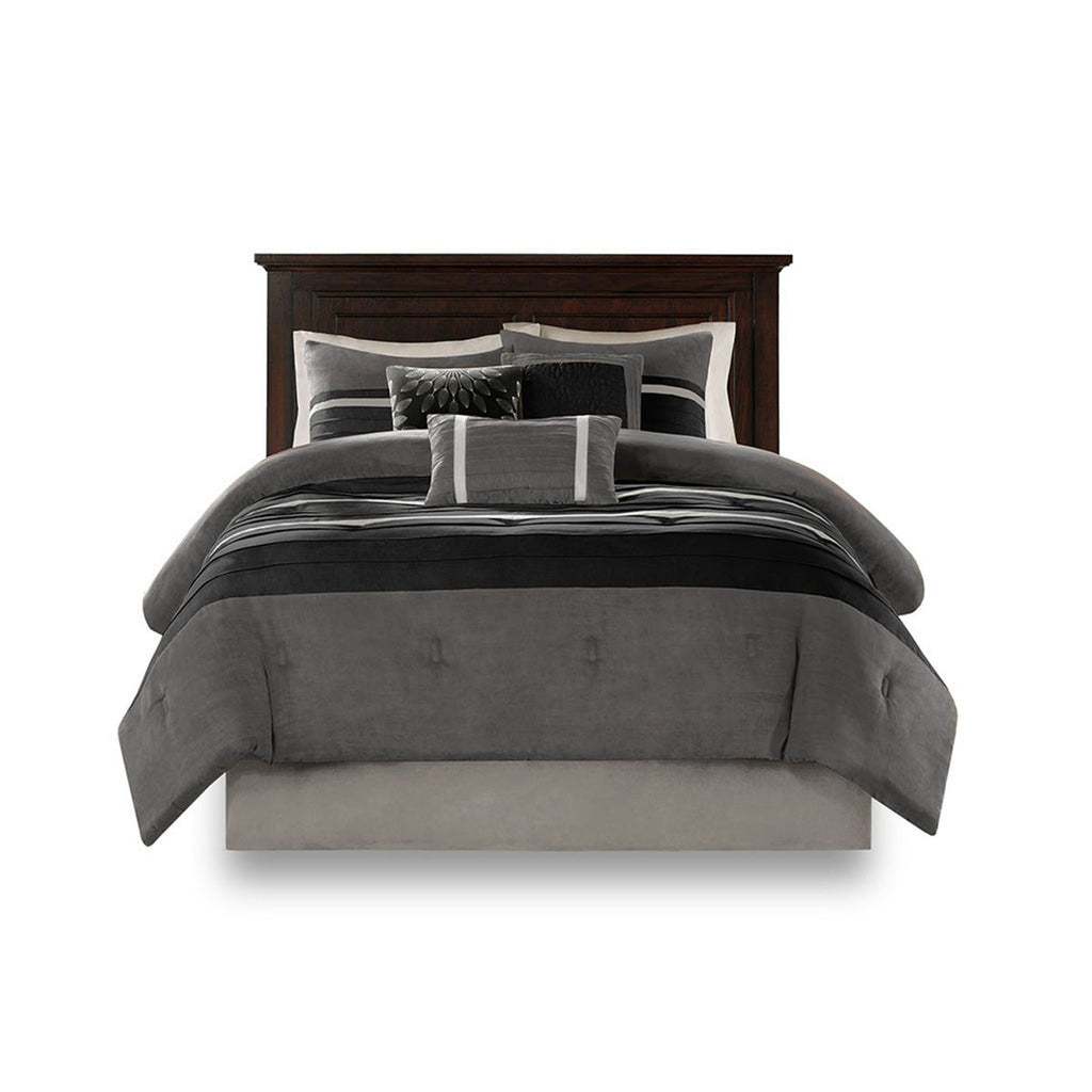 7 PC Pieced Faux Suede Comforter Set Black King