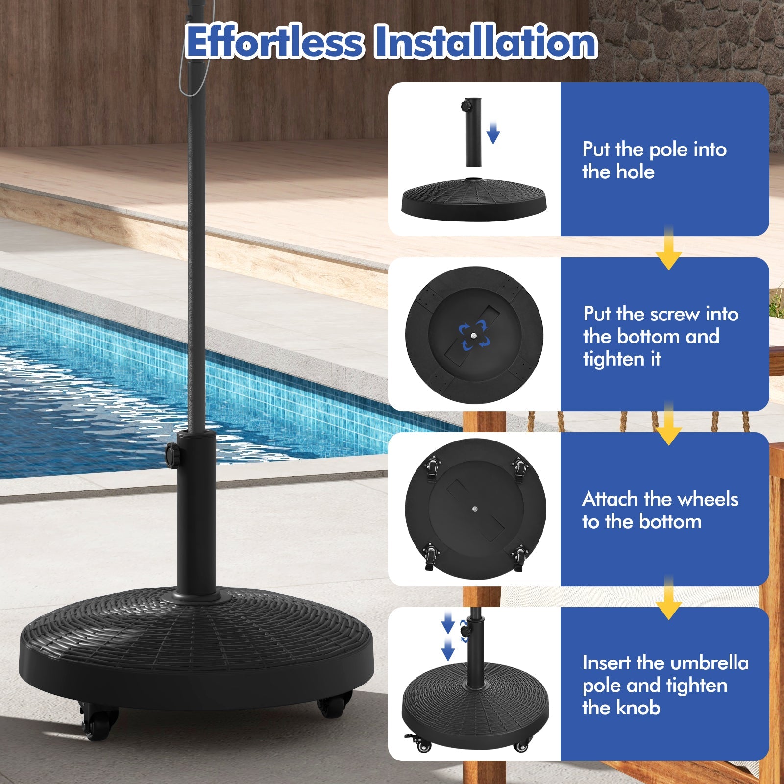 50 LBS Patio Wicker Style Resin Umbrella Base Stand Heavy Duty with Wheels