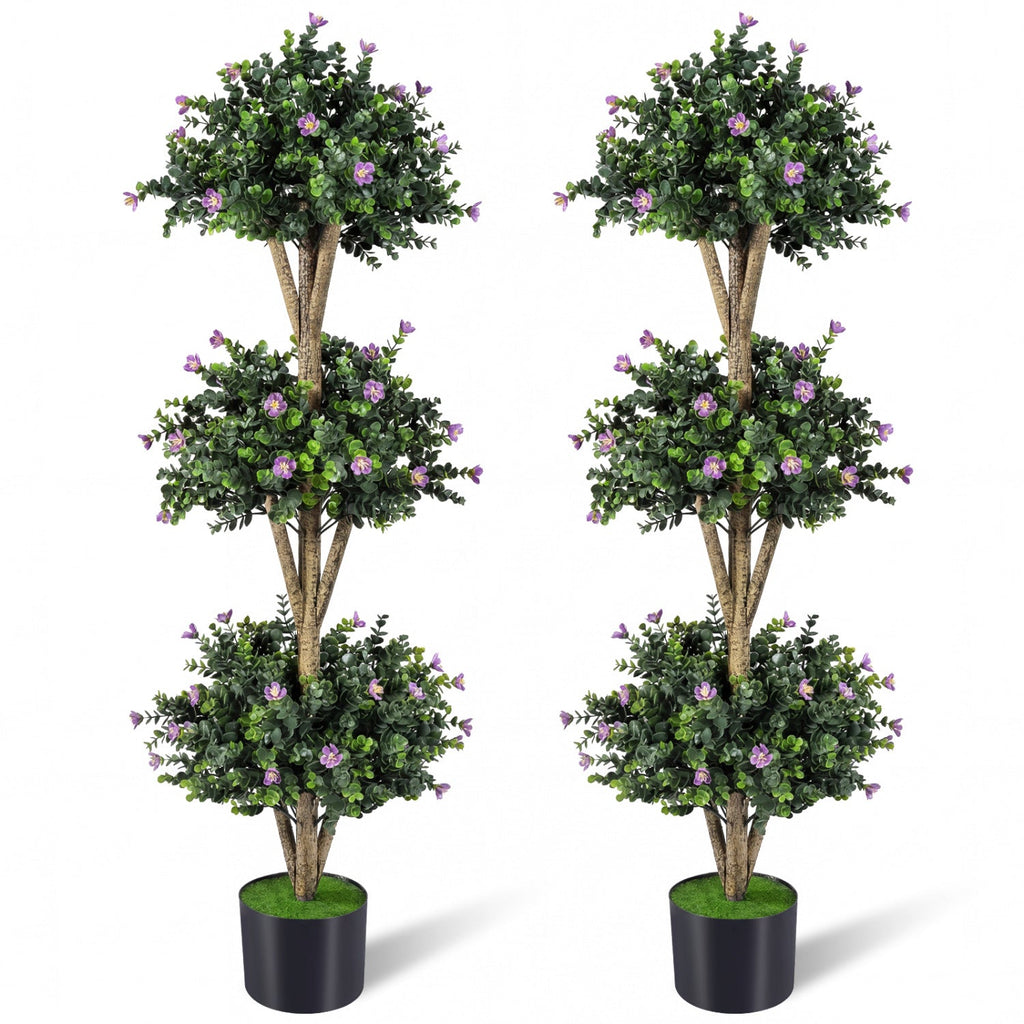 51" Artificial Triple Ball Boxwood Topiary Tree with 59 Blossoms Set of 2