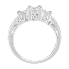 10K White Gold 1/2 Cttw Brilliant & Baguette Cut Diamond 3 Stone Design with 3 Square Clusters Engagement Ring (H-I Color, SI2-I1 Clarity) - Size 6-3/4