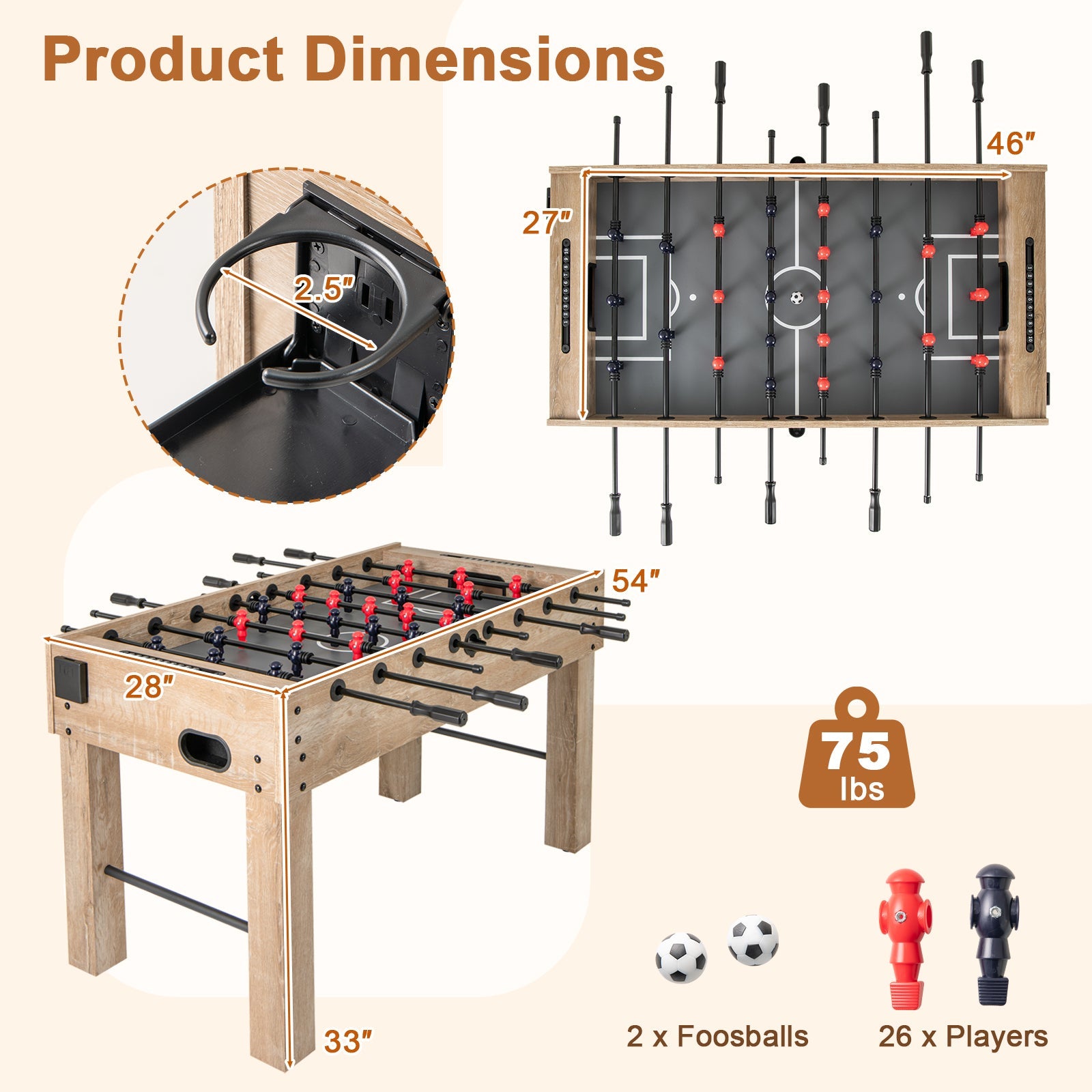 54 Inches Full Size Foosball Table with Legs 2 Balls and 2 Foldable Cup Holders for Kids Teens Adults-Natural