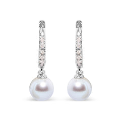 10K White Gold 6x6 MM Cultured Freshwater Pearl and Diamond Accent Drop Huggy Earring (H-I Color, I1-I2 Clarity)