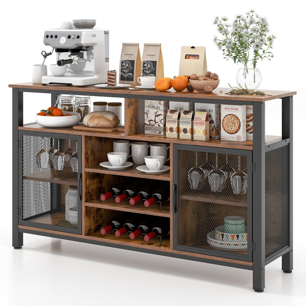 55-Inch Buffet Sideboard with 8-Bottle Wine Racks and Wine Glass Holders-Rustic Brown