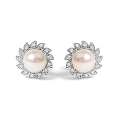 10K White Gold Heirloom-Style Pearl and Diamond Accent Halo Stud Earrings (I-J color, I1-I2 Clarity)