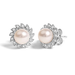 10K White Gold Heirloom-Style Pearl and Diamond Accent Halo Stud Earrings (I-J color, I1-I2 Clarity)
