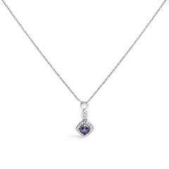 10K White Gold Blue Purple Tanzanite and Diamond Accent Cushion Drop Pendant Necklace - 18" Inches