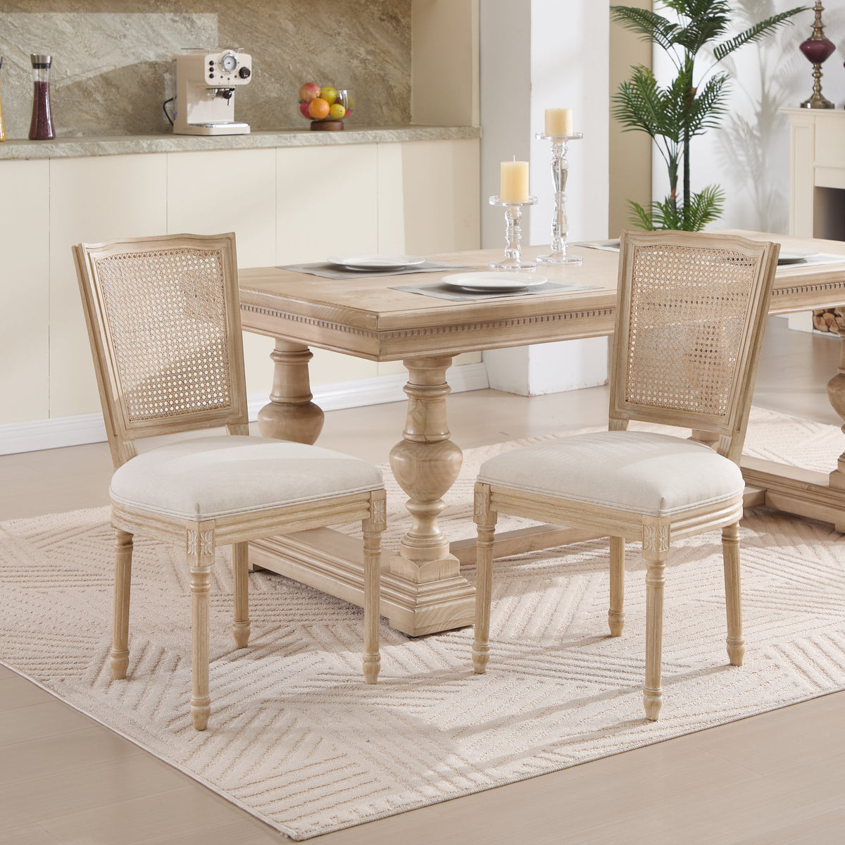 French Country Dining Chairs Set of 2 Upholstered With Natural Rattan Back