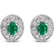 14K White Gold Oval Green Emerald and 1/10 Cttw Diamond Halo Stud Earrings  (I-J Color, I1-I2 Clarity)