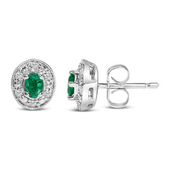 14K White Gold Oval Green Emerald and 1/10 Cttw Diamond Halo Stud Earrings  (I-J Color, I1-I2 Clarity)