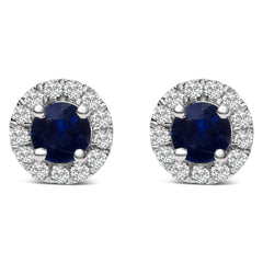 10K White Gold 3.25mm x 3.25mm Round Blue Sapphire and 1/10 Cttw Diamond Halo Stud Earrings (I-J Color, I1-I2 Clarity)