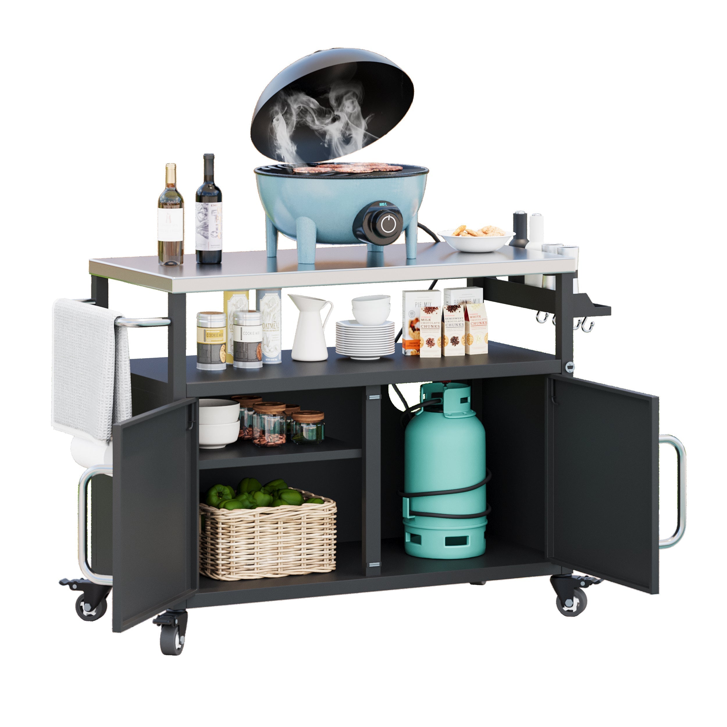 K&K 54.5' Outdoor Kitchen Island with Stainless Steel Tabletop and Storage
