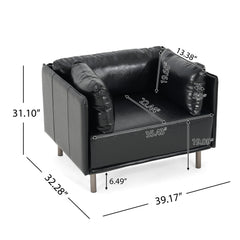 Vintage Black Faux Leather Lounge Chair with Solid Wood Frame