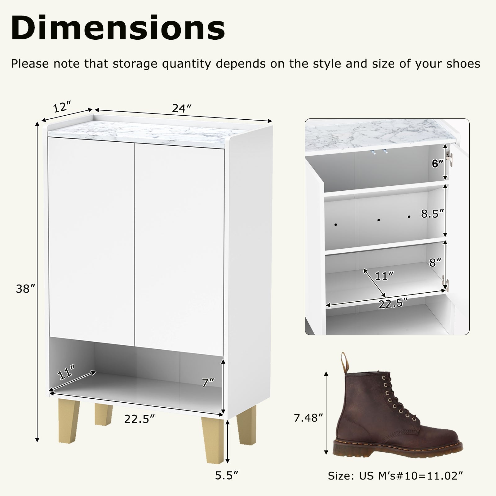 5-Tier Shoe Cabinet with Faux Marble Countertop and Flat Tilting Shelves-White