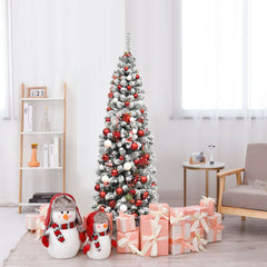 6 Feet Pre-lit Snow Flocked Artificial Pencil Christmas Tree with 250 LED Lights