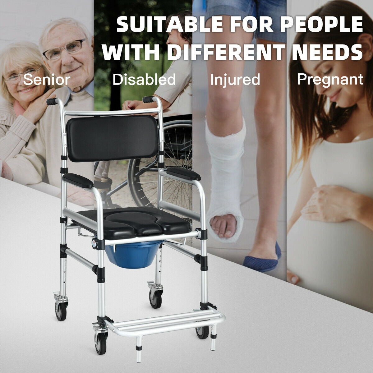2-in-1 Aluminum Commode Shower Wheelchair with Locking Casters