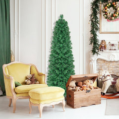 5/6/7/8 FT Pre-Lit Christmas Pencil Tree with Colorful Fiber Optics Green-5 ft