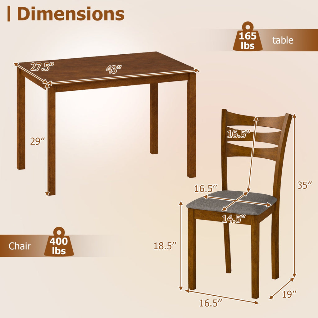 5-Piece Dining Table Set with Linen Fabric Upholstered Chairs and Solid Rubber Wood Frame for 4 People