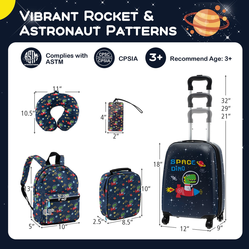 5 Piece Kids Luggage Set with Backpack  Neck Pillow  Name Tag  Lunch Bag-Dark Blue