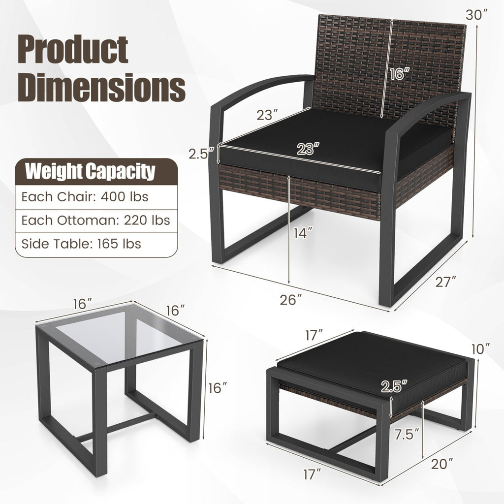 5-Piece Patio Conversation Set with 2 Ottomans and Tempered Glass Side Table