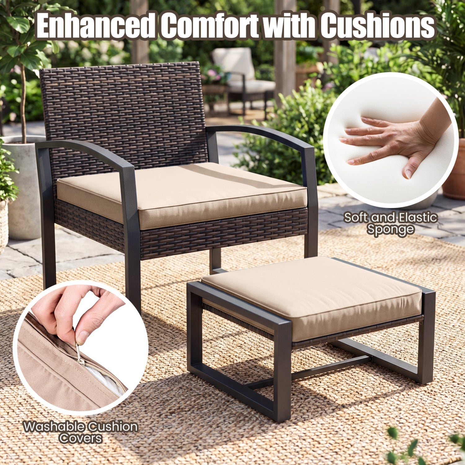5-Piece Patio Conversation Set with 2 Ottomans and Tempered Glass Side Table