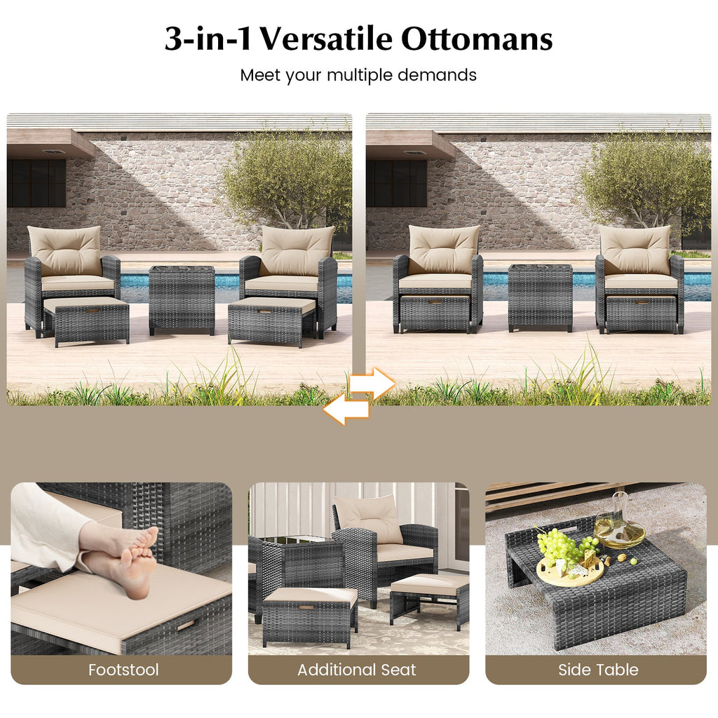 5 Piece Patio Rattan Furniture with 2 Ottomans and Tempered Glass Coffee Table