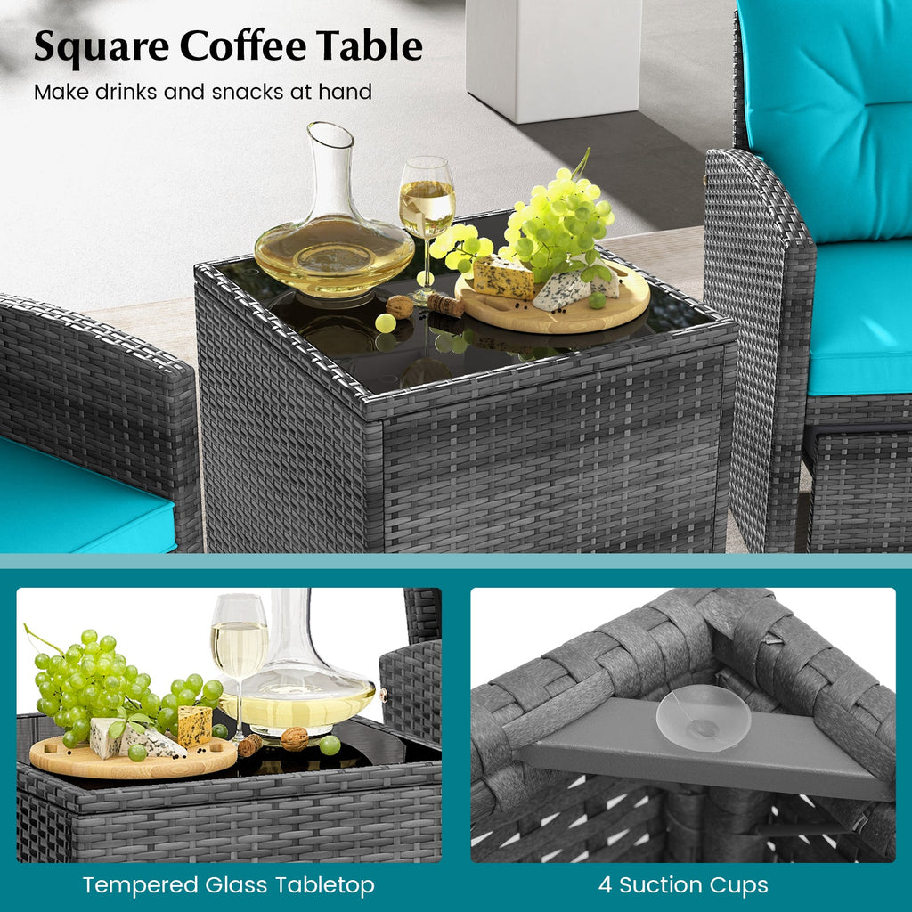 5 Piece Patio Rattan Furniture with 2 Ottomans and Tempered Glass Coffee Table