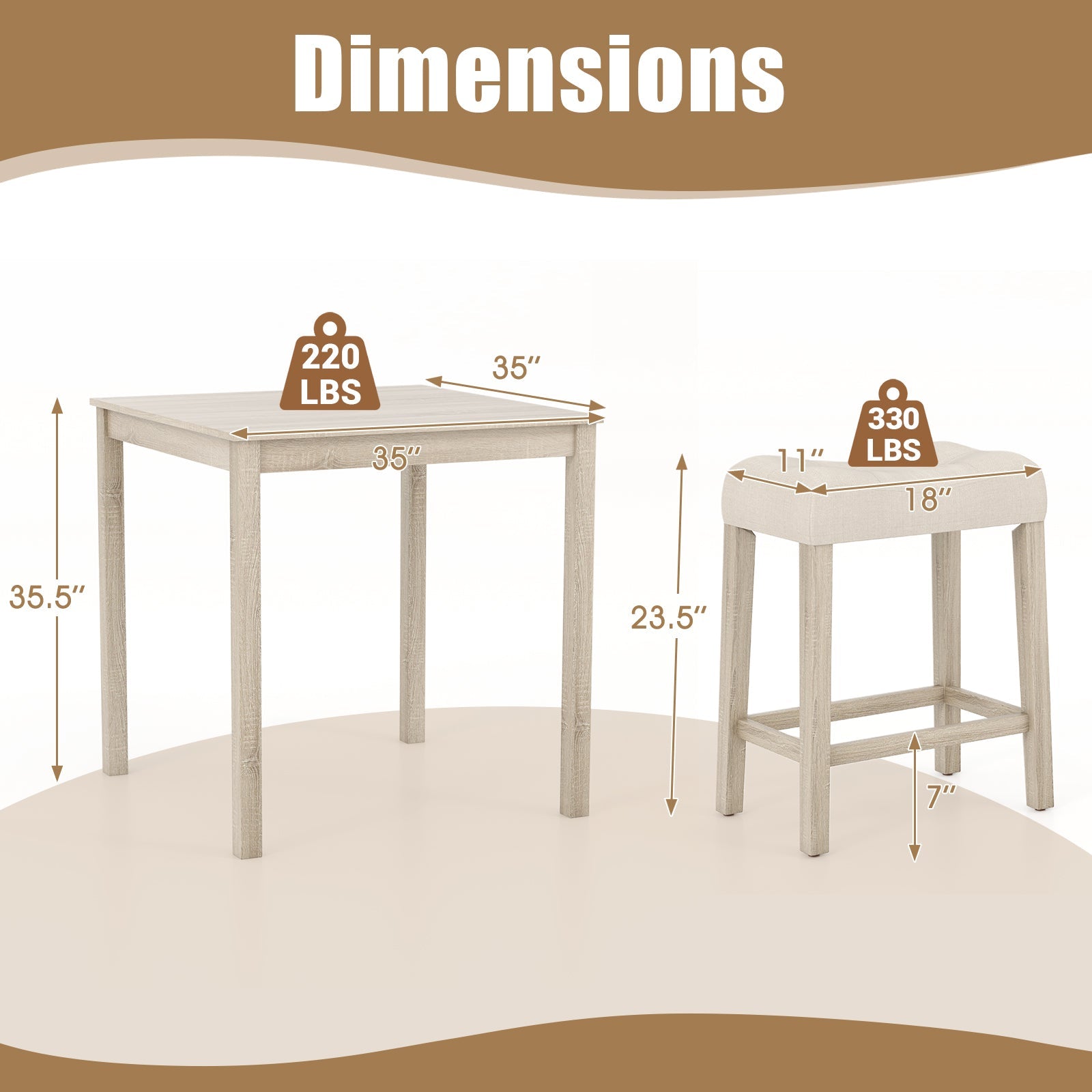 5 Pieces Bar Table Set with Square Table and 4 Padded Stools-Gray