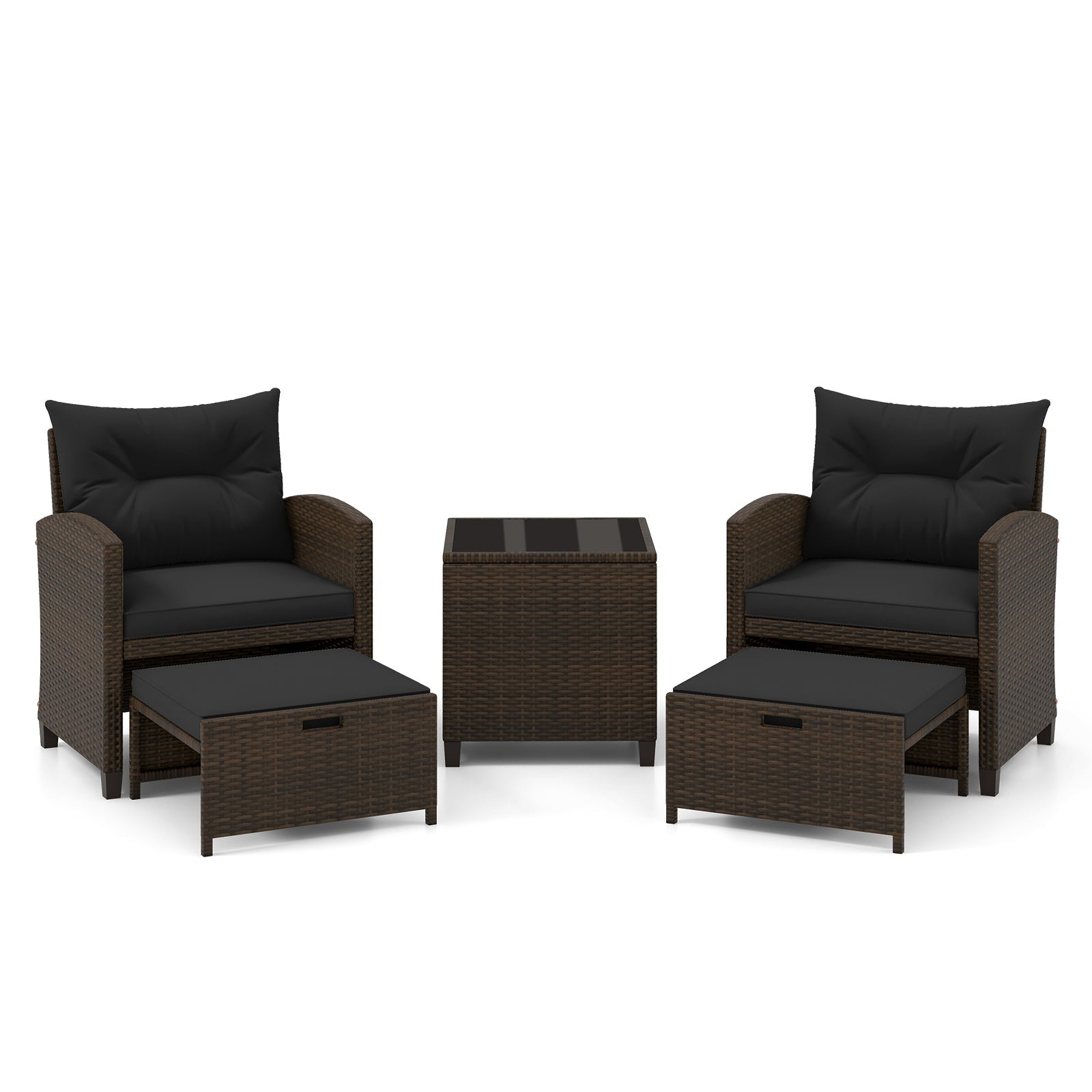 5 Pieces Patio Rattan Furniture with 2 Ottomans and Tempered Glass Coffee Table-Red
