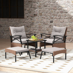 5 Pieces Wicker Patio Furniture Set Ottomans and Cushions and 2-Tier Tempered Glass Side Table-Brown
