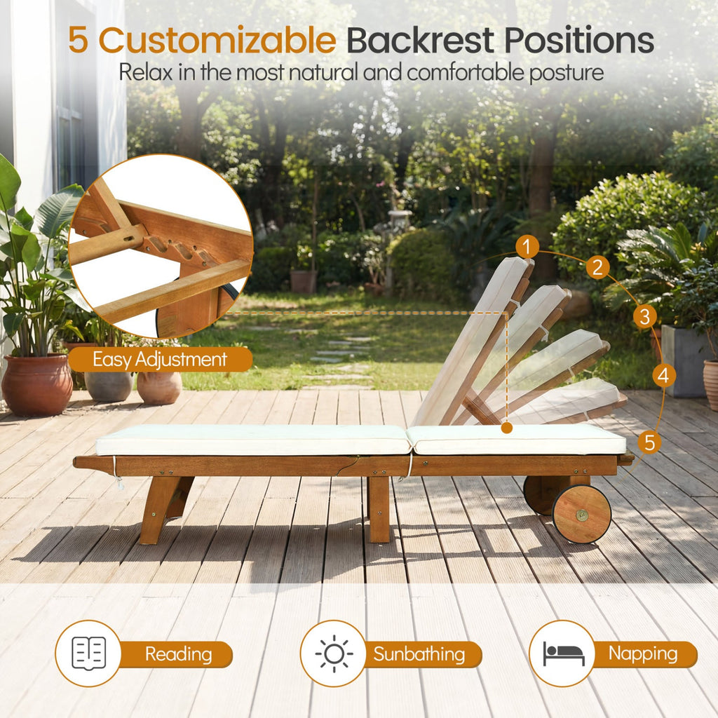 Adjustable Patio Chaise Lounge with Cushion and Wheels