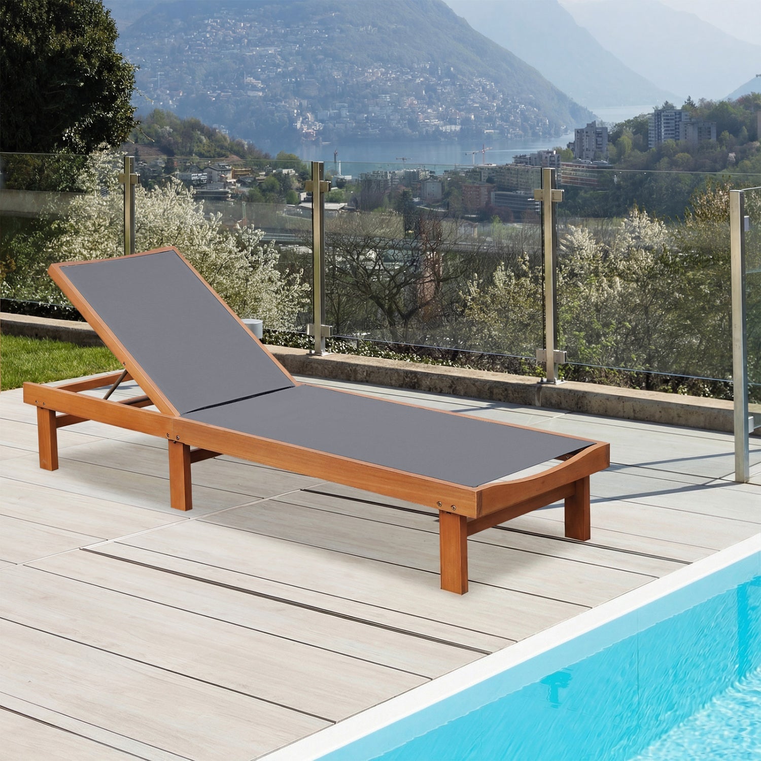 Adjustable Wood Chaise Lounge Chair with 5-Position Backrest