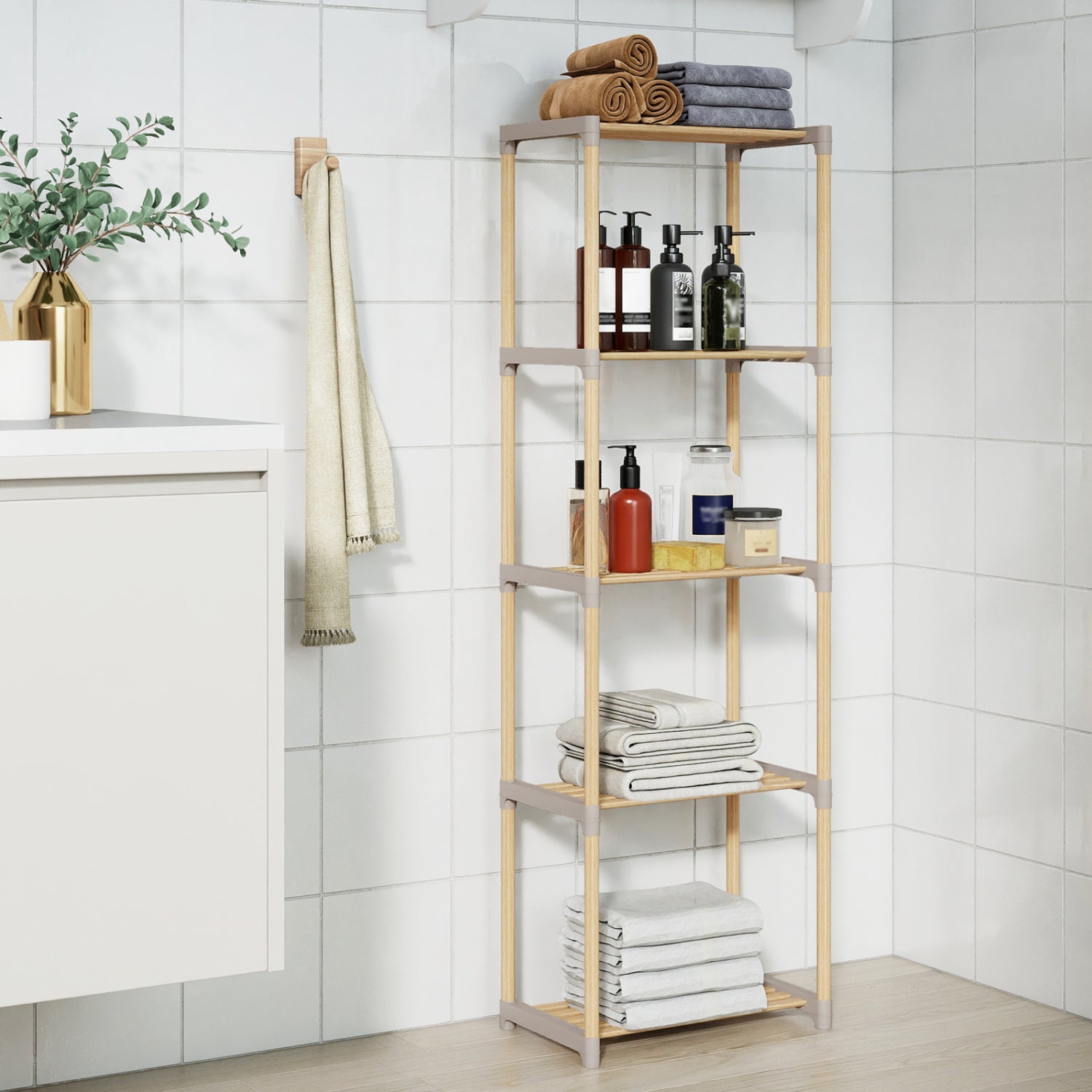 5-Tier Pine Wood Bookshelf with Open Shelves