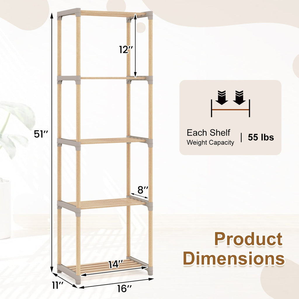 5-Tier Pine Wood Bookshelf with Open Shelves