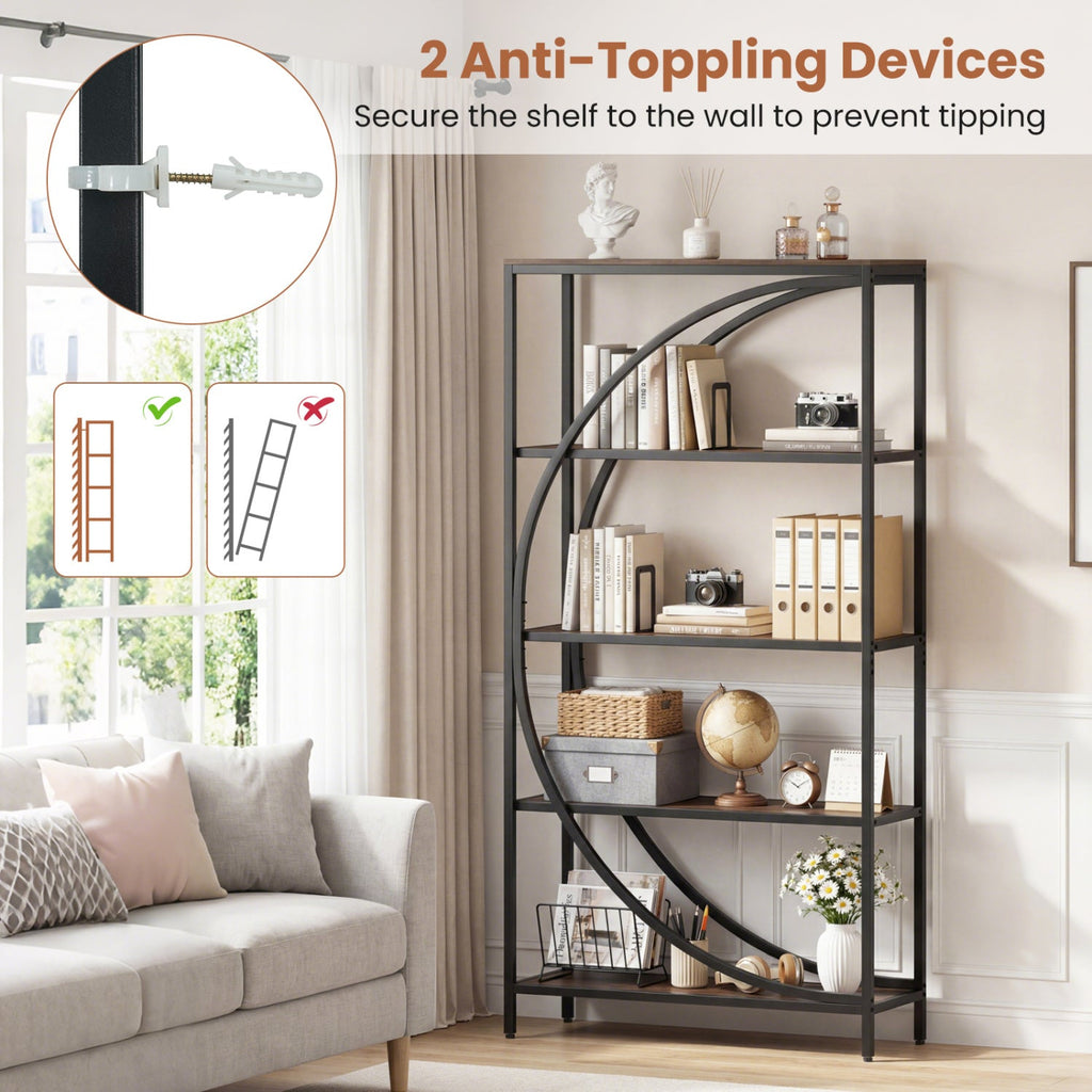 5-Tier Bookshelf with Half-Moon Shape for Living Room and Home Office