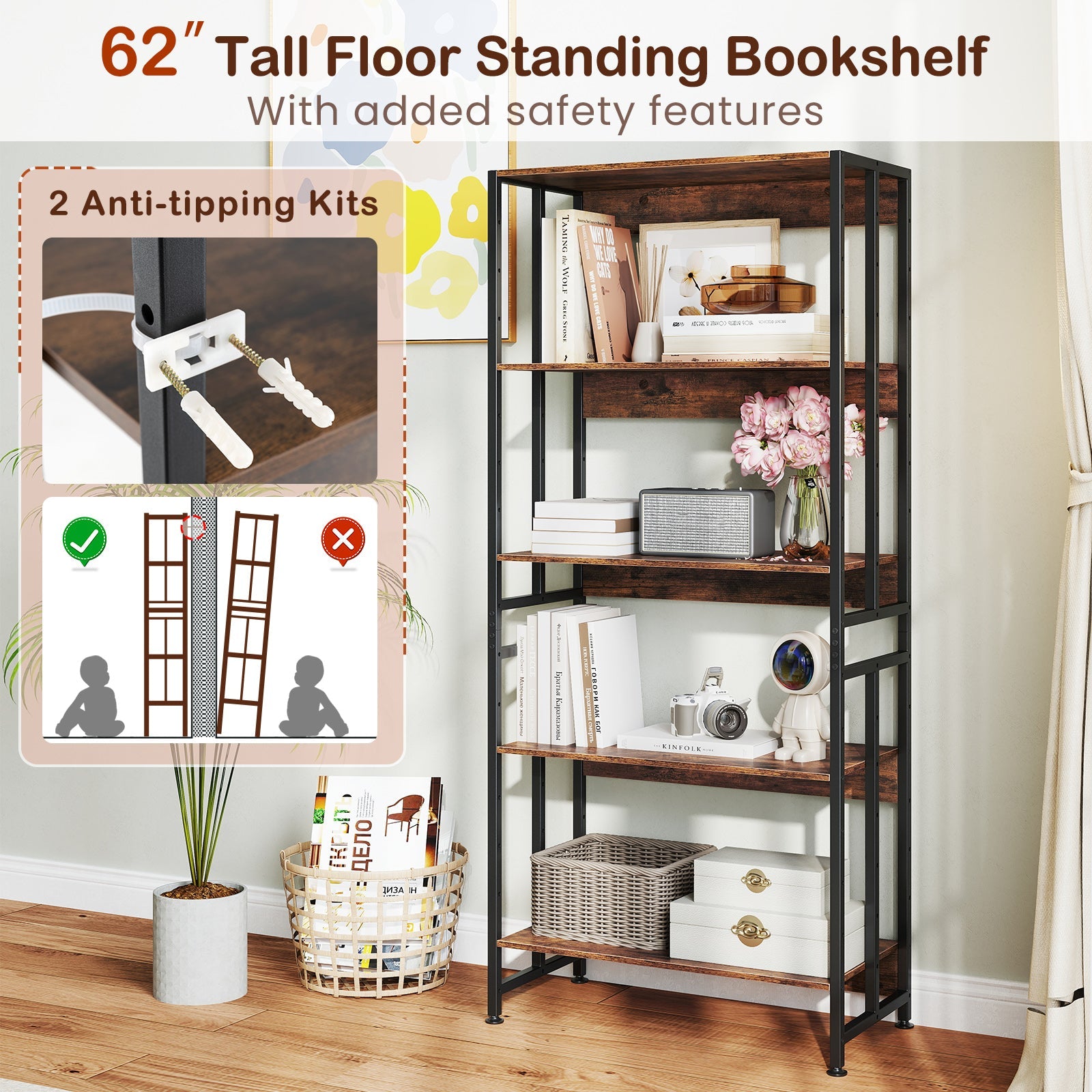 5-Tier Bookshelf with Adjustable and Tiltable Shelves-Rustic Brown