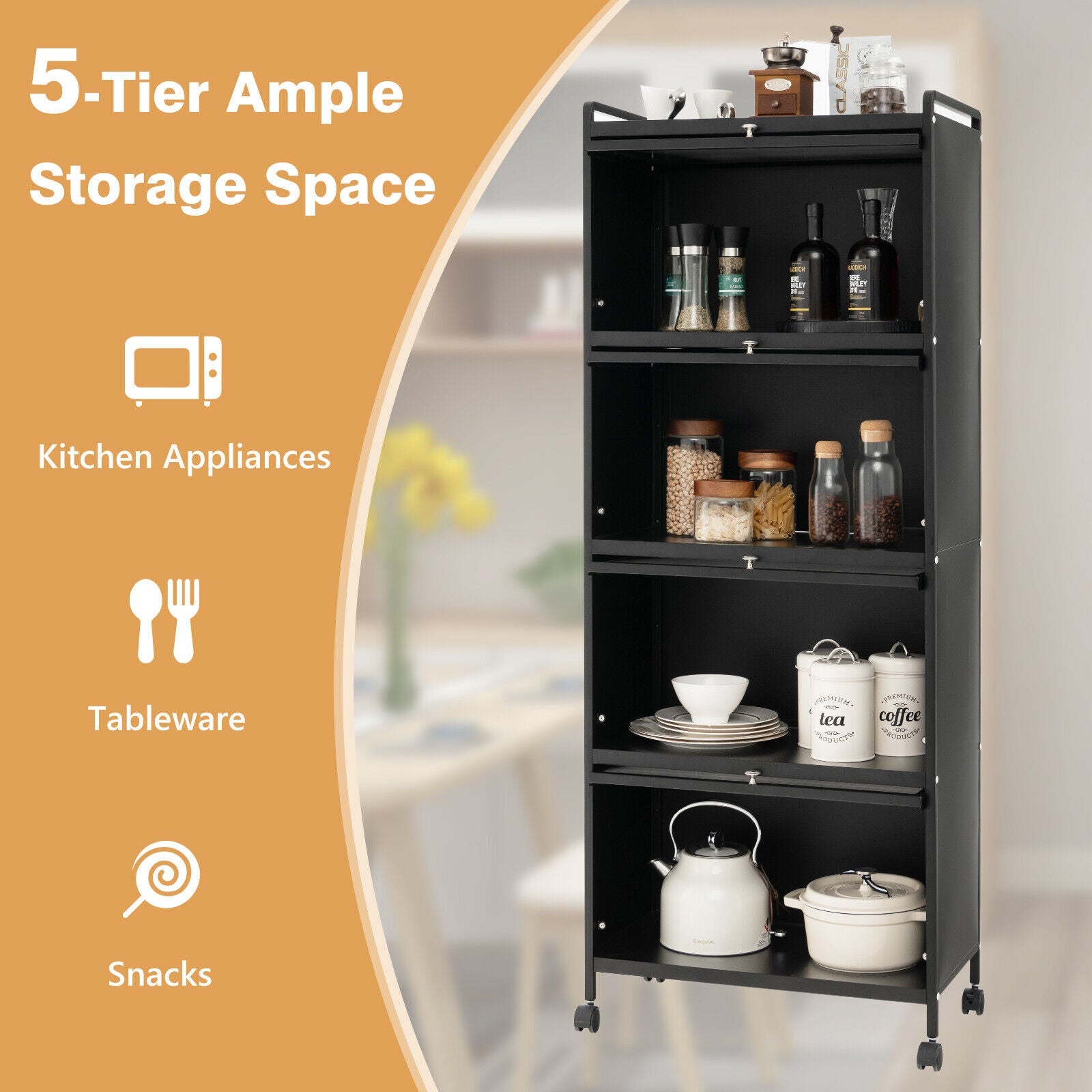 5-Tier Kitchen Baker's Rack with Flip-up PC Doors-Black