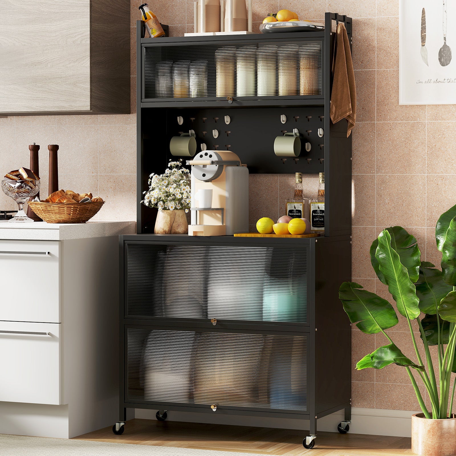 5 Tier Kitchen Bakers Rack with Lights Multifunctional Microwave Stand with Flip Door Cabinets-Black