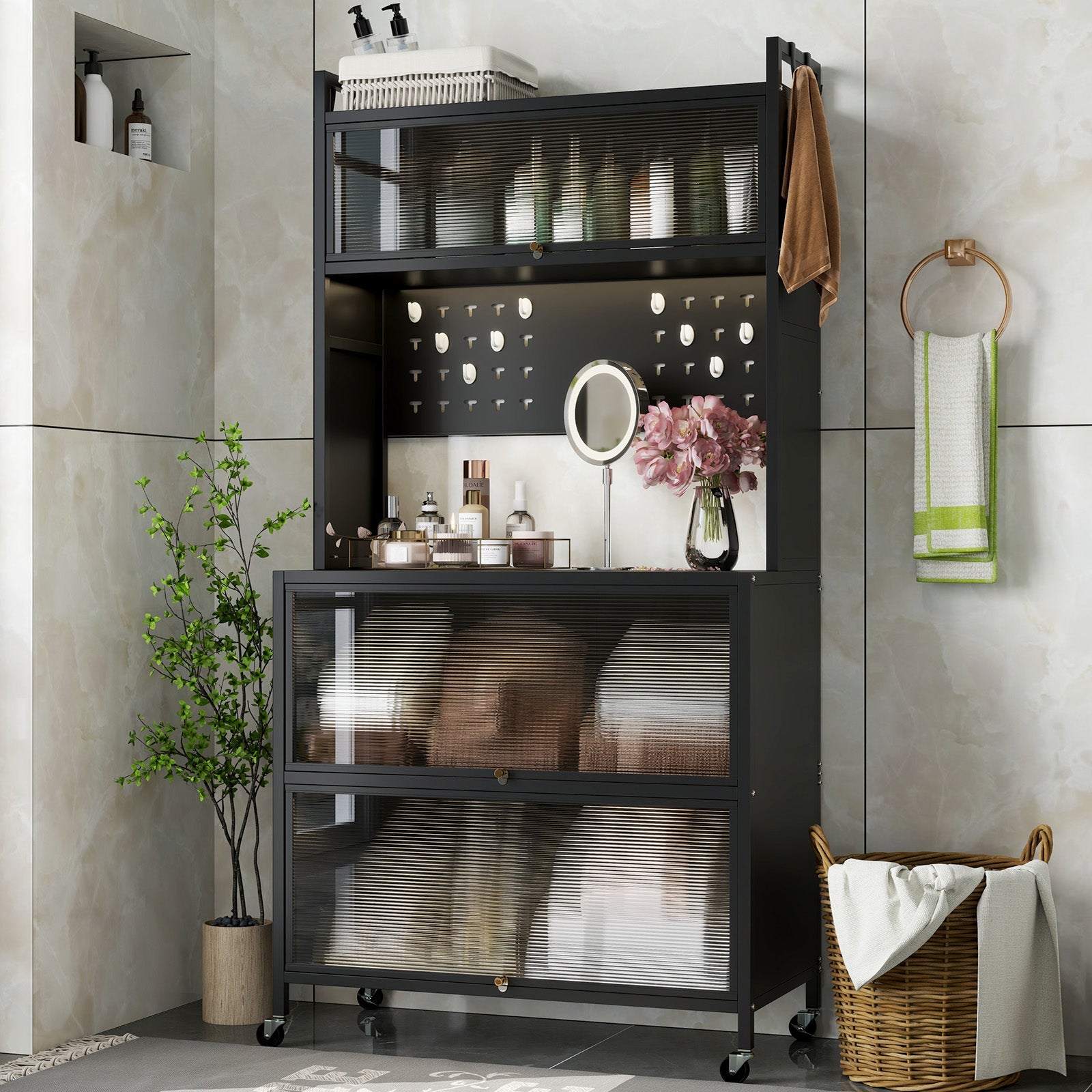 5 Tier Kitchen Bakers Rack with Lights Multifunctional Microwave Stand with Flip Door Cabinets-Black