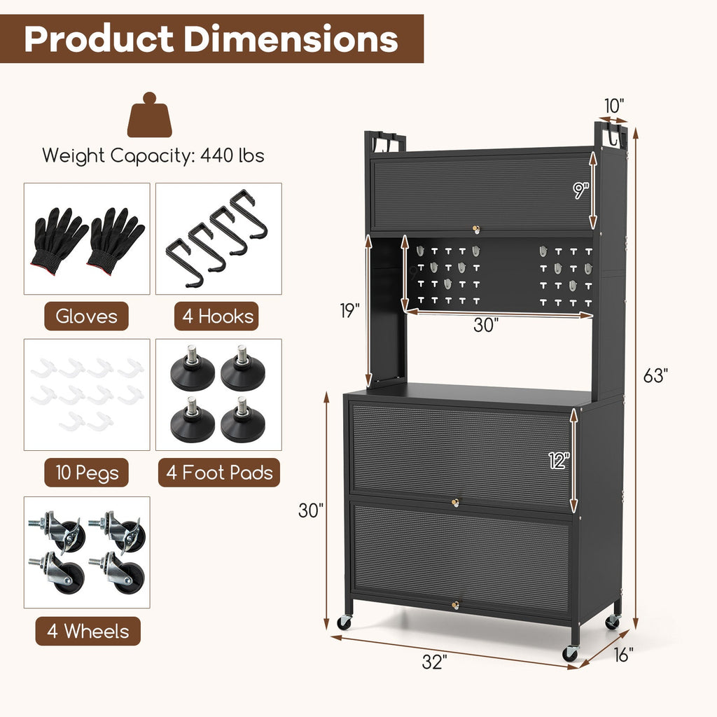 5 Tier Kitchen Bakers Rack with Lights Multifunctional Microwave Stand with Flip Door Cabinets-Black