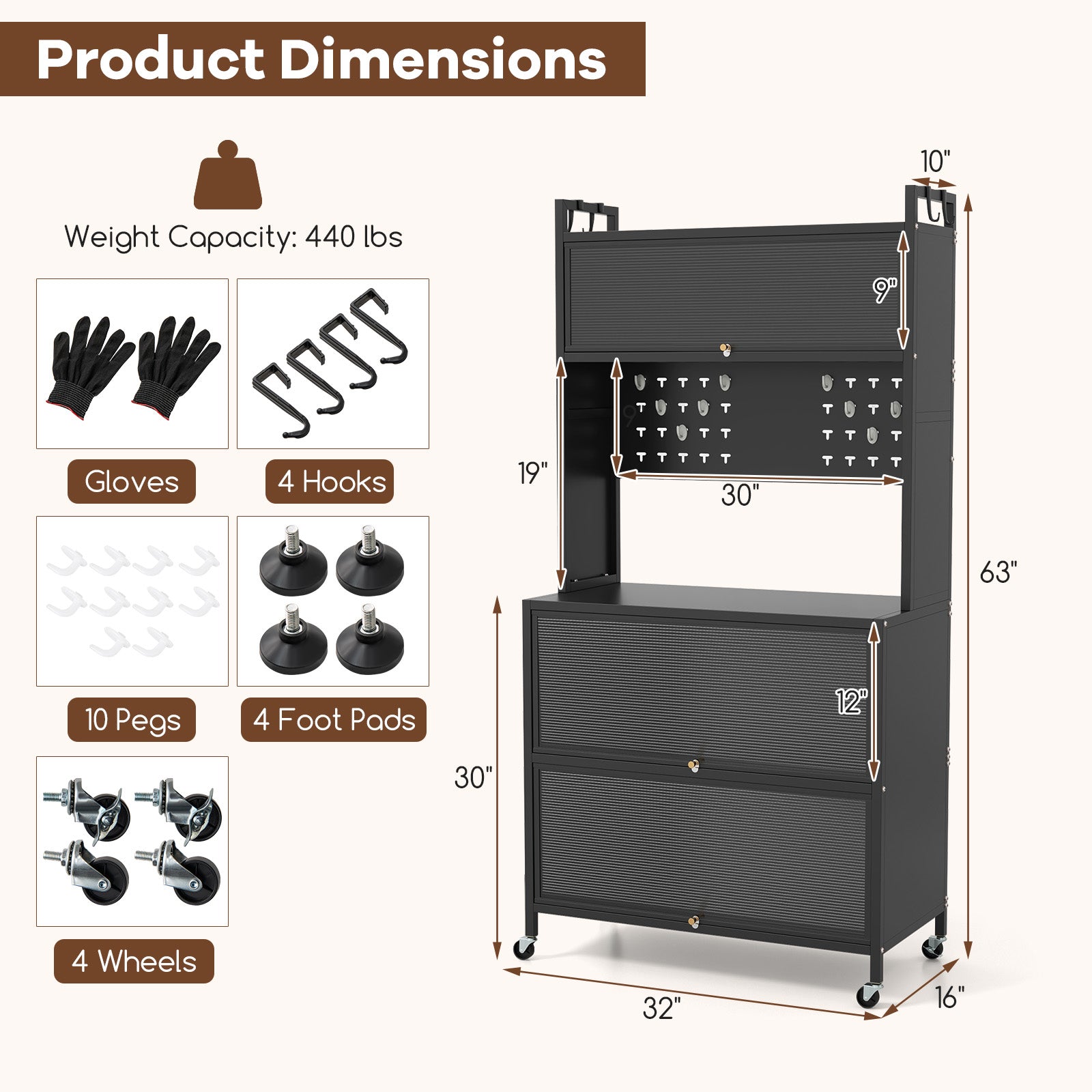 5 Tier Kitchen Bakers Rack with Lights Multifunctional Microwave Stand with Flip Door Cabinets-Black