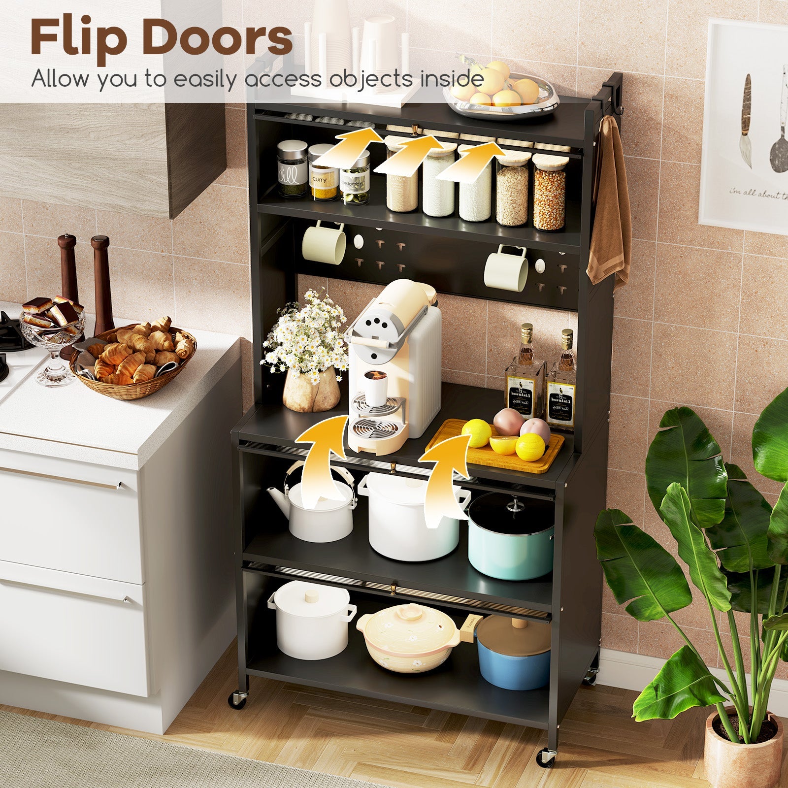 5 Tier Kitchen Bakers Rack with Lights Multifunctional Microwave Stand with Flip Door Cabinets-Black