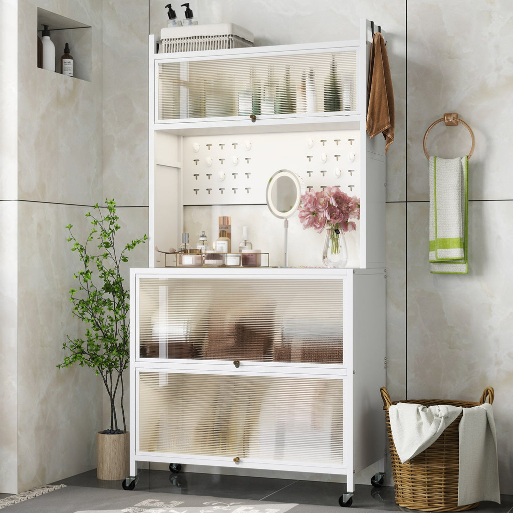 5 Tier Kitchen Bakers Rack with Lights Multifunctional Microwave Stand with Flip Door Cabinets-White