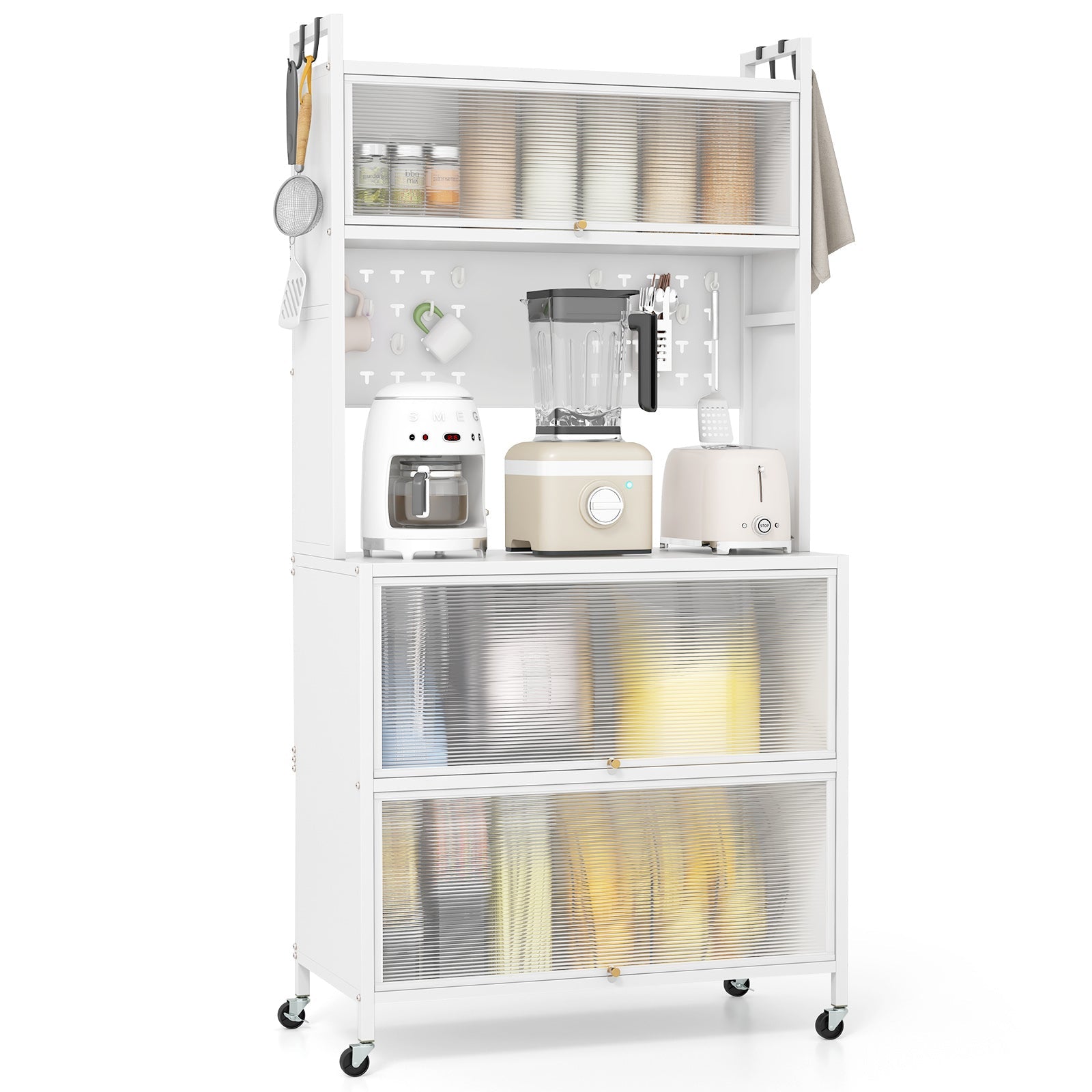 5 Tier Kitchen Bakers Rack with Lights Multifunctional Microwave Stand with Flip Door Cabinets-White