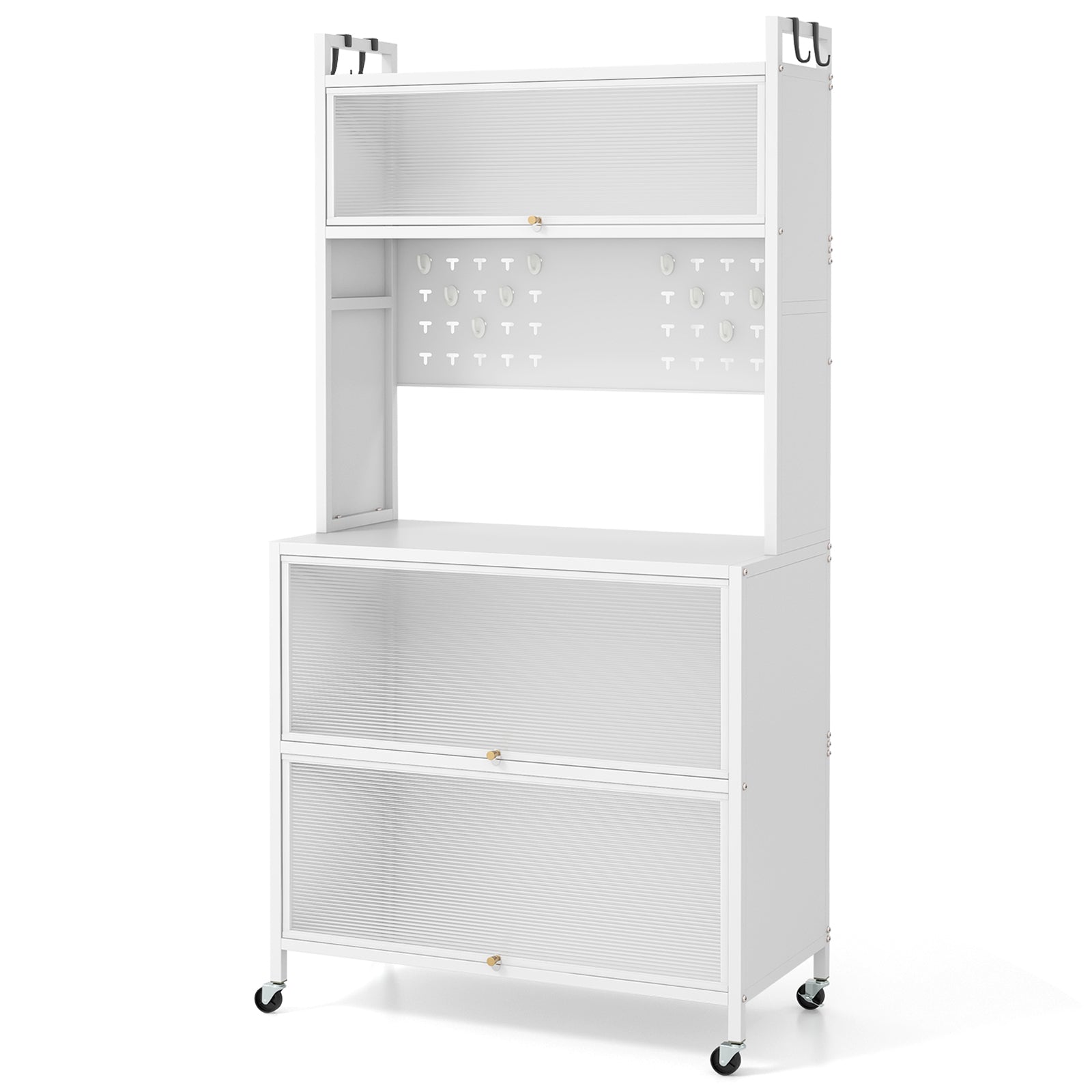 5 Tier Kitchen Bakers Rack with Lights Multifunctional Microwave Stand with Flip Door Cabinets-White