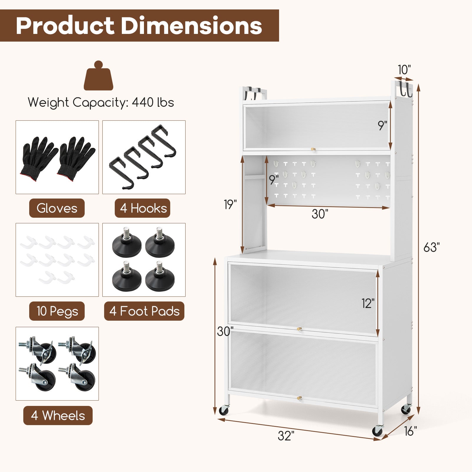 5 Tier Kitchen Bakers Rack with Lights Multifunctional Microwave Stand with Flip Door Cabinets-White