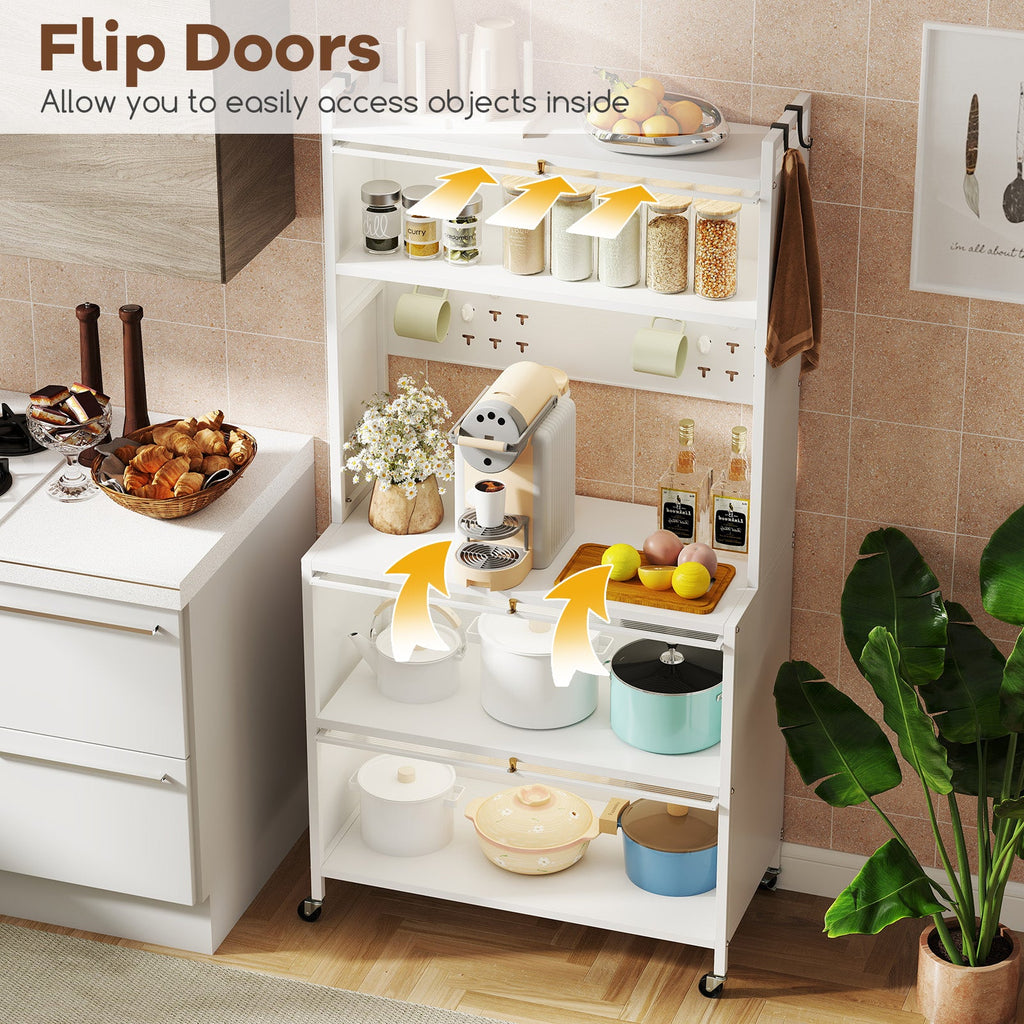 5 Tier Kitchen Bakers Rack with Lights Multifunctional Microwave Stand with Flip Door Cabinets-White